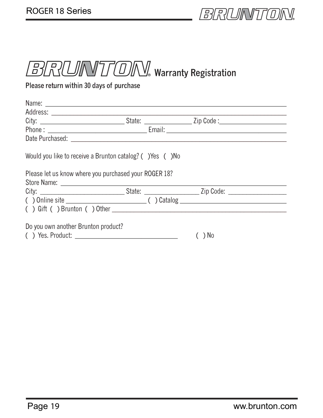 Brunton ROGER 18 SERIES specifications Warranty Registration 