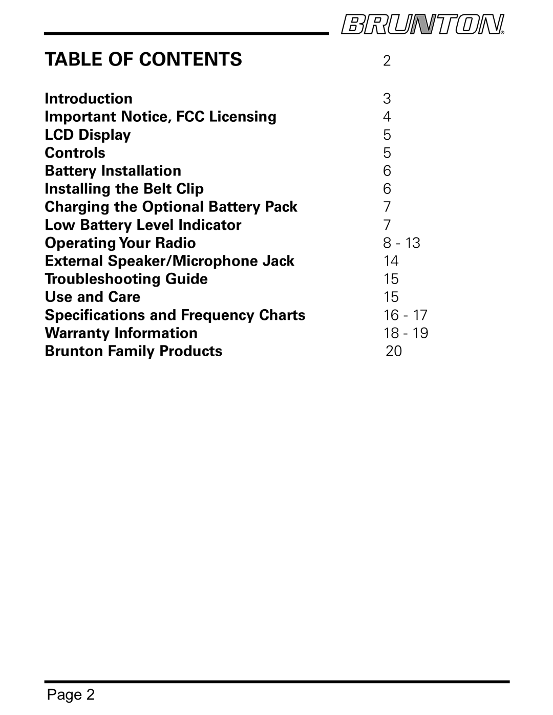 Brunton ROGER 18 SERIES specifications Table of Contents 