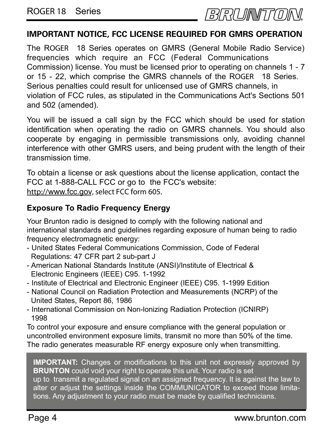 Brunton ROGER 18 SERIES specifications Important NOTICE, FCC License Required for Gmrs Operation 