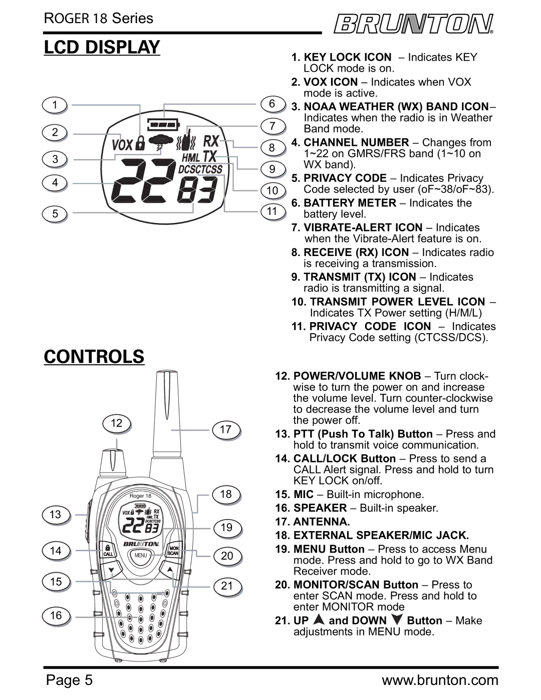 Brunton ROGER 18 SERIES specifications Controls, LCD Display 