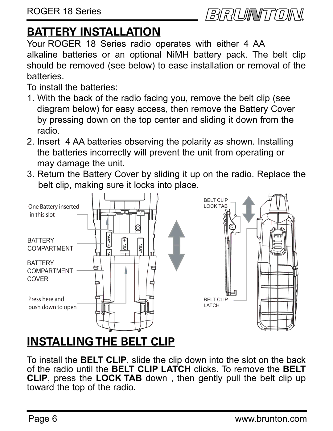 Brunton ROGER 18 SERIES specifications Battery Installation, Installing the Belt Clip 