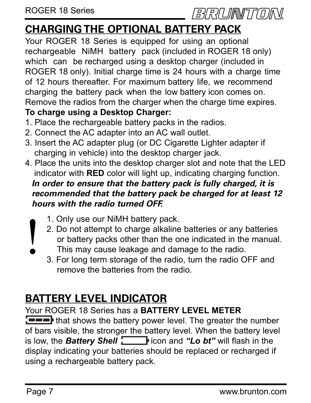 Brunton ROGER 18 SERIES Charging the Optional Battery Pack, Battery Level Indicator, To charge using a Desktop Charger 