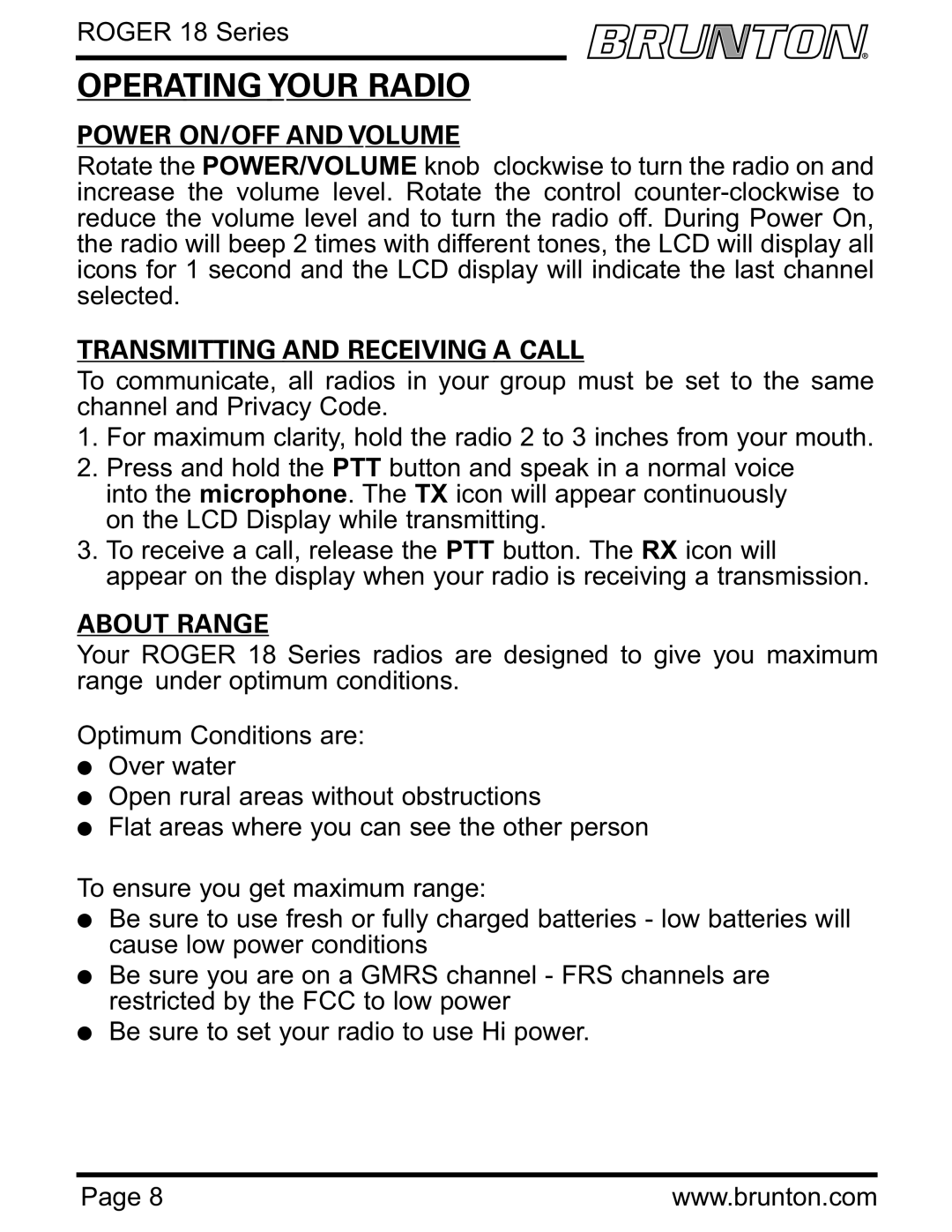 Brunton ROGER 18 SERIES Operating Your Radio, Power ON/OFF and Volume, Transmitting and Receiving a Call, About Range 