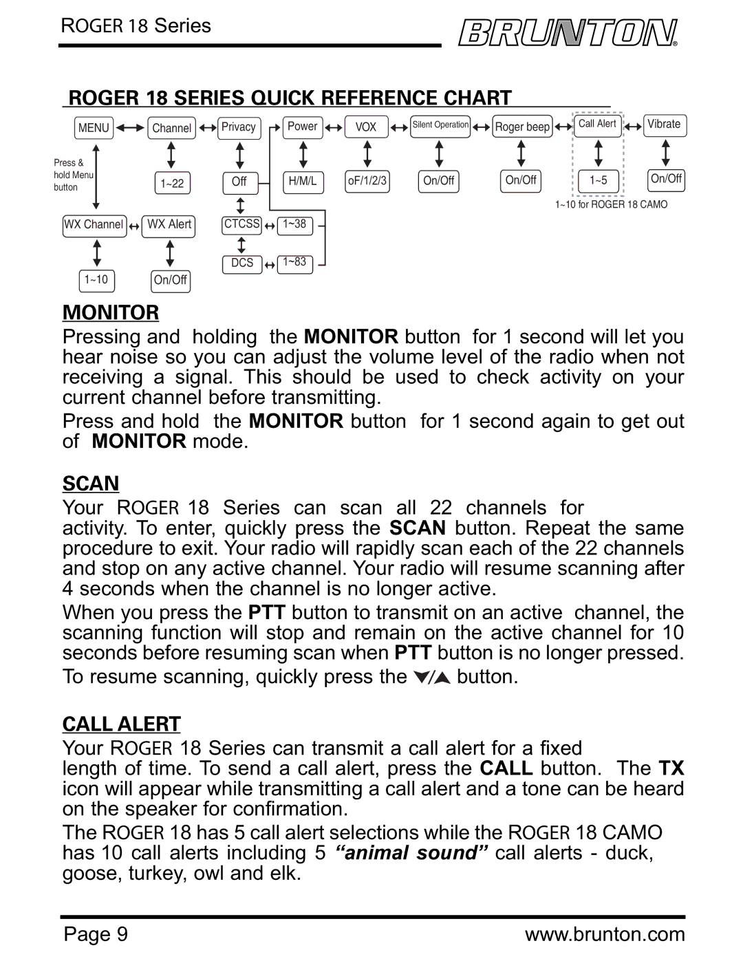 Brunton ROGER 18 SERIES specifications Roger 18 Series Quick Reference Chart, Monitor, Scan, Call Alert 