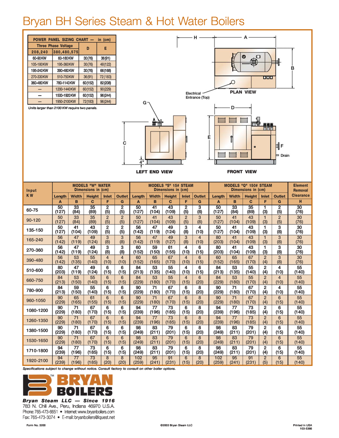 Bryan Boilers 390BHW4T7, 240BHS4T8 manual Bryan BH Series Steam & Hot Water Boilers, Plan View, Left End View, Front View 