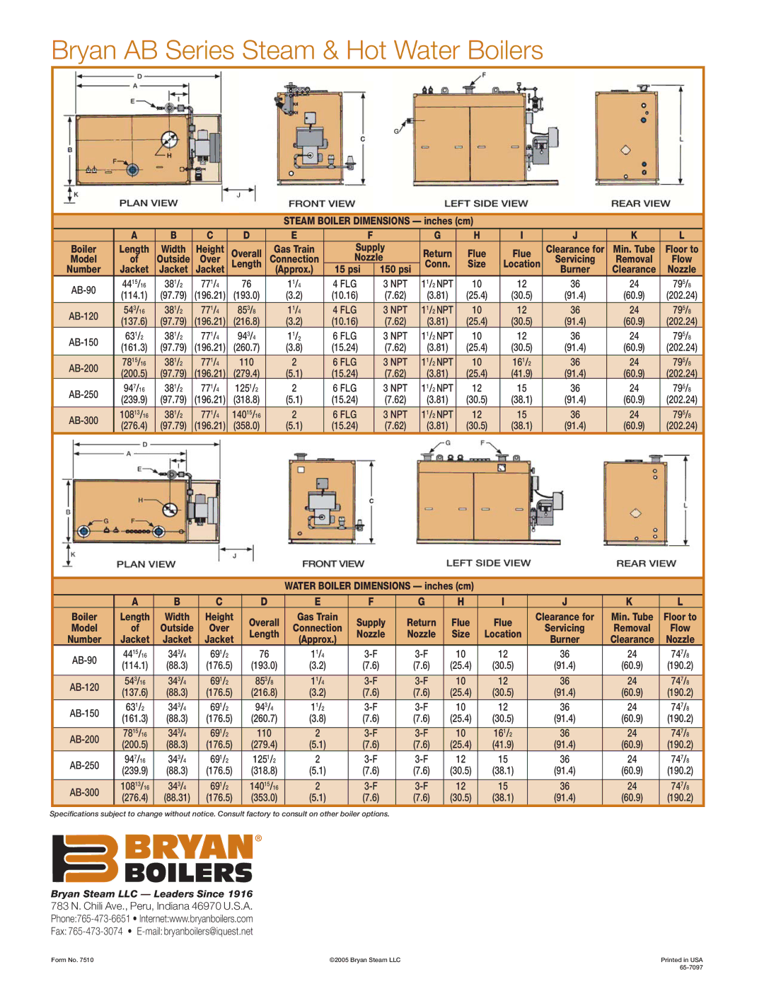 Bryan Boilers AB250-S150-FDG Length, Height Overall Gas Train, Return Flue Clearance for Min. Tube, Number Jacket Approx 