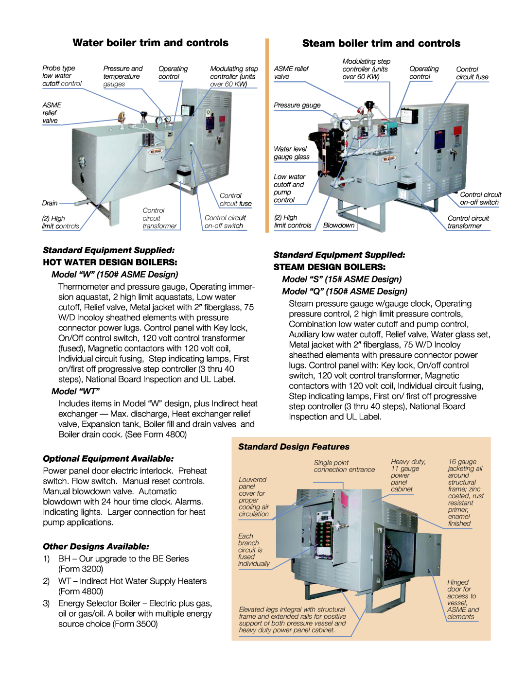 Bryan Boilers BE-90-Q4T3 Standard Equipment Supplied, Hot Water Design Boilers, Model “W” 150# ASME Design, Model “WT” 