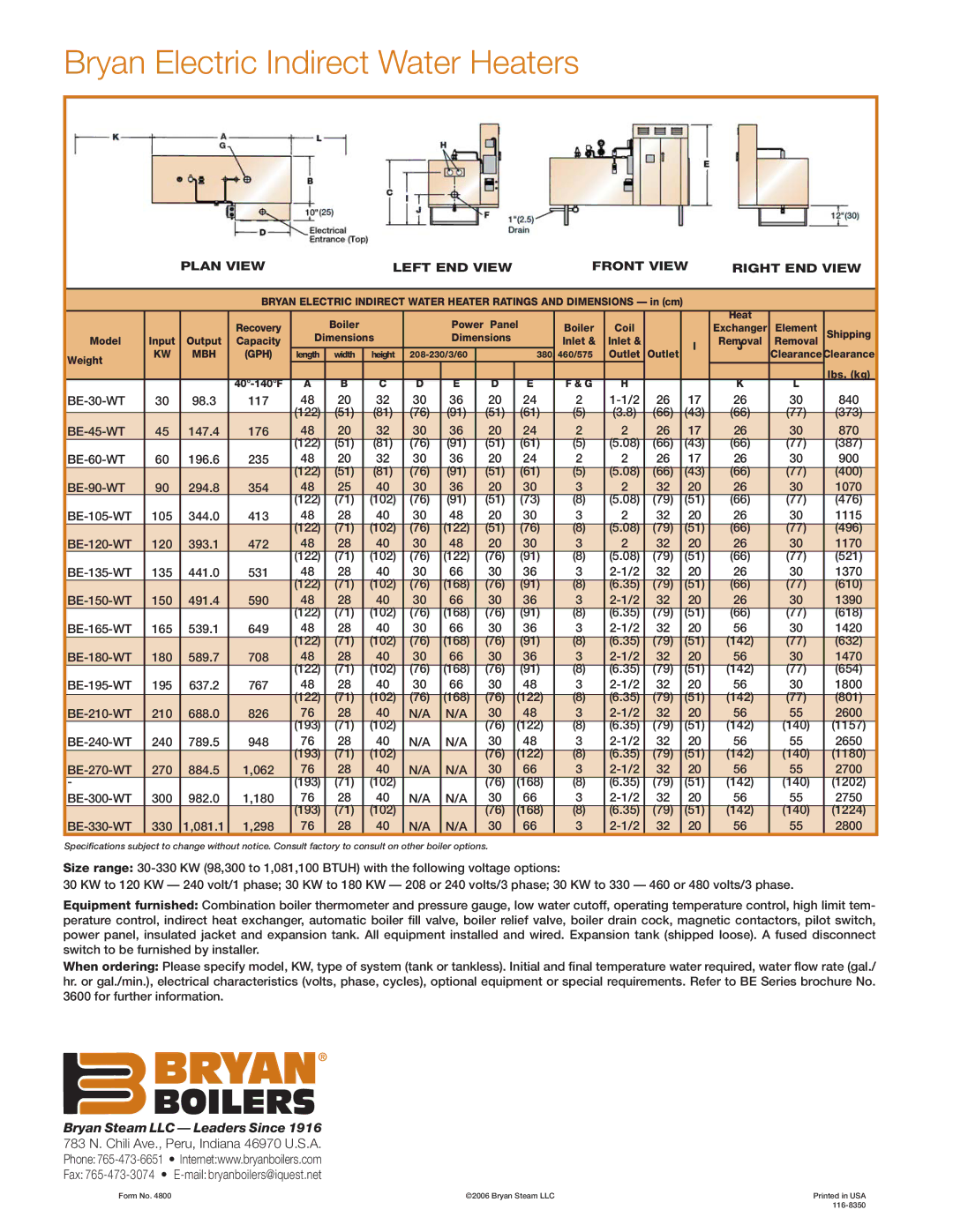 Bryan Boilers BE-210-WT4T7 manual Bryan Electric Indirect Water Heaters 