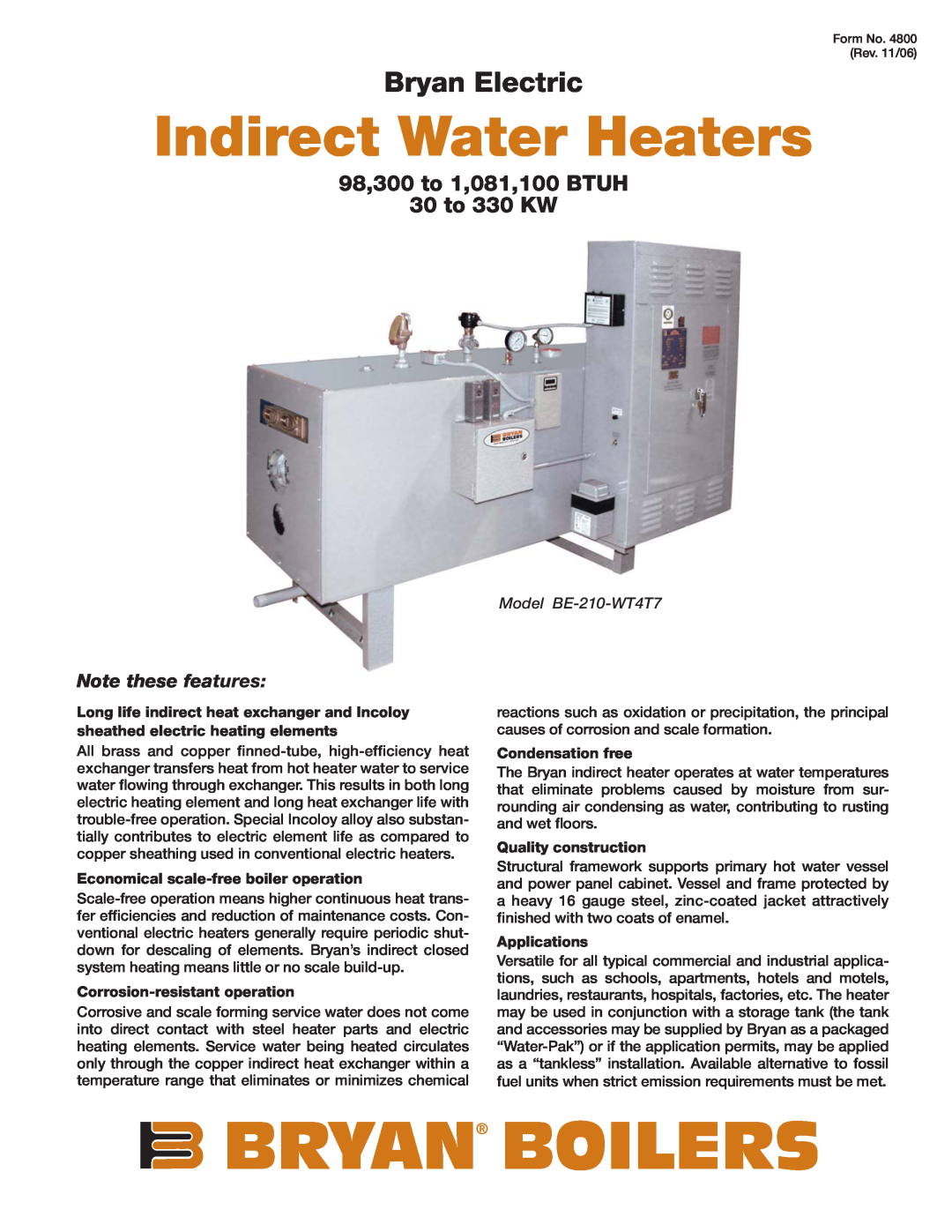 Bryan Boilers BE-210-WT4T7 manual Bryan Boilers, Indirect Water Heaters, Bryan Electric, Note these features, Applications 