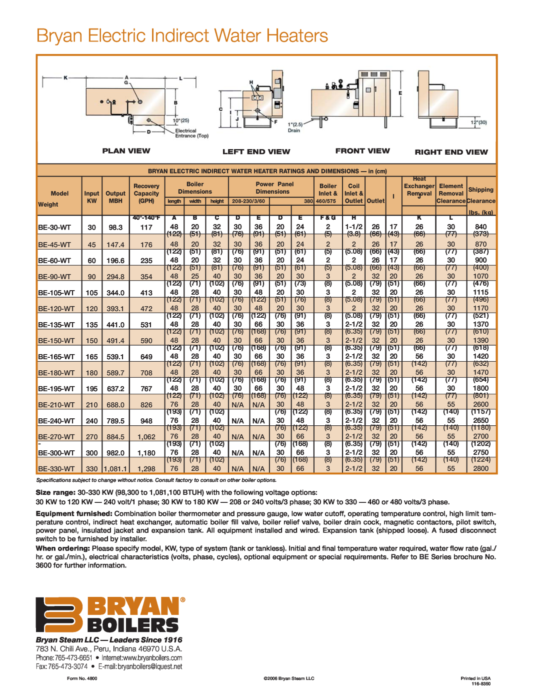 Bryan Boilers BE-210-WT4T7 Bryan Electric Indirect Water Heaters, Plan View, Left End View, Front View, Right End View 