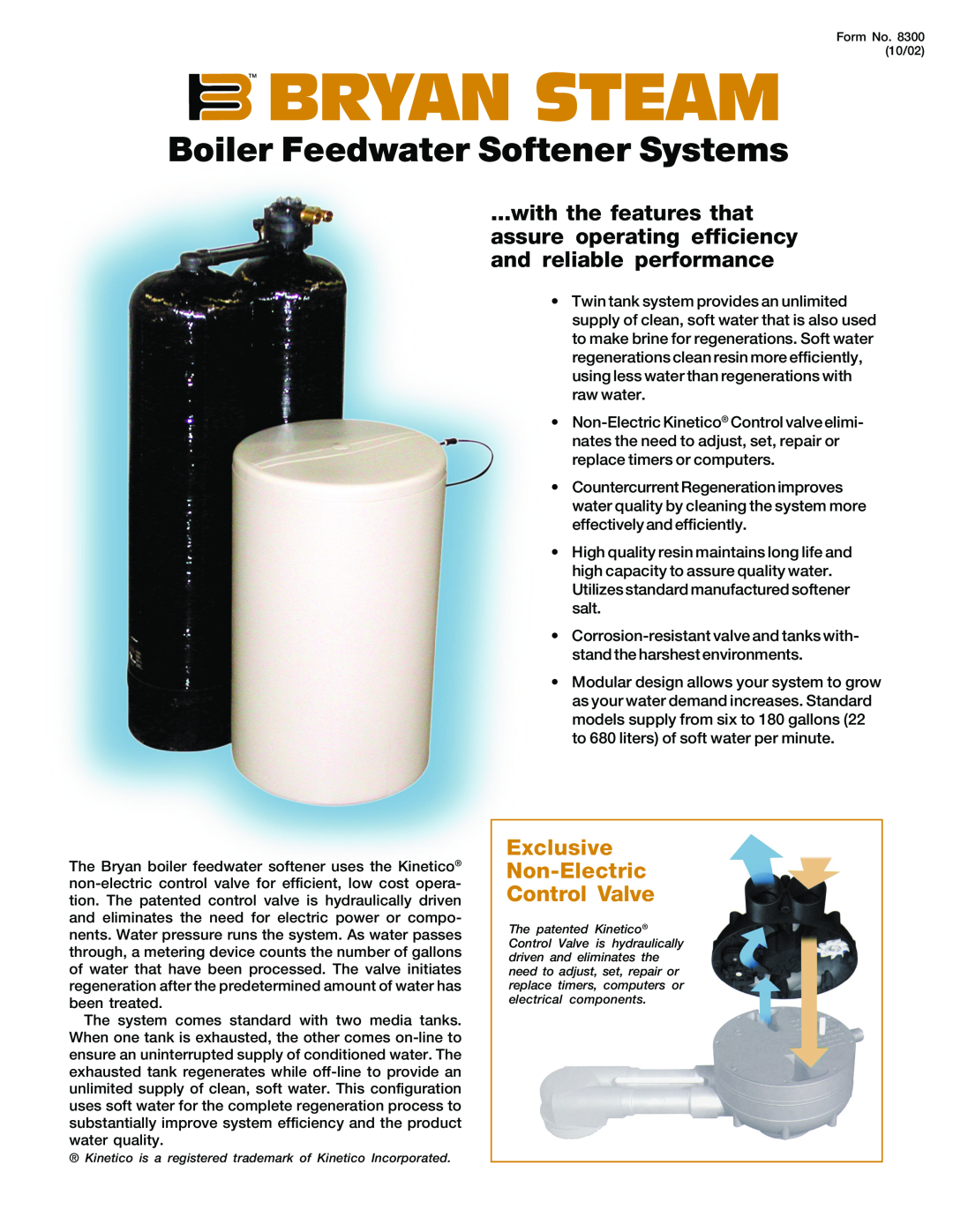 Bryan Boilers BKS6000 manual Tm Bryan Steam, Boiler Feedwater Softener Systems, Exclusive Non-Electric Control Valve 