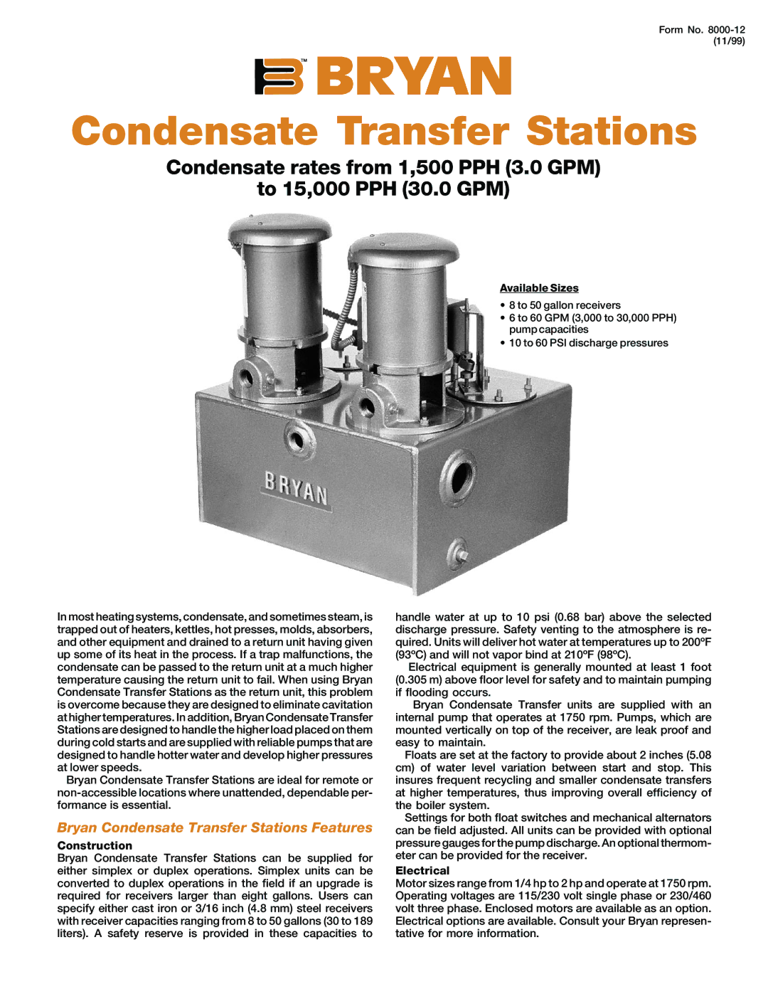 Bryan Boilers Broile System manual Bryan Condensate Transfer Stations Features, Construction, Electrical 