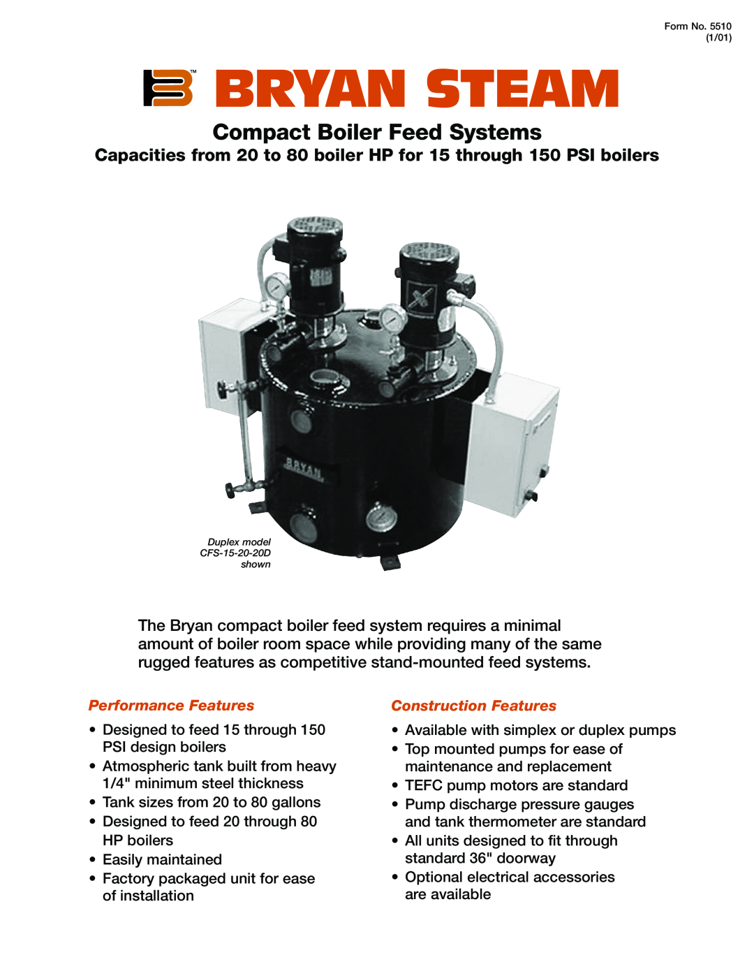 Bryan Boilers CFS-15-20-20D manual Bryan Steam, Compact Boiler Feed Systems, Performance Features, Construction Features 
