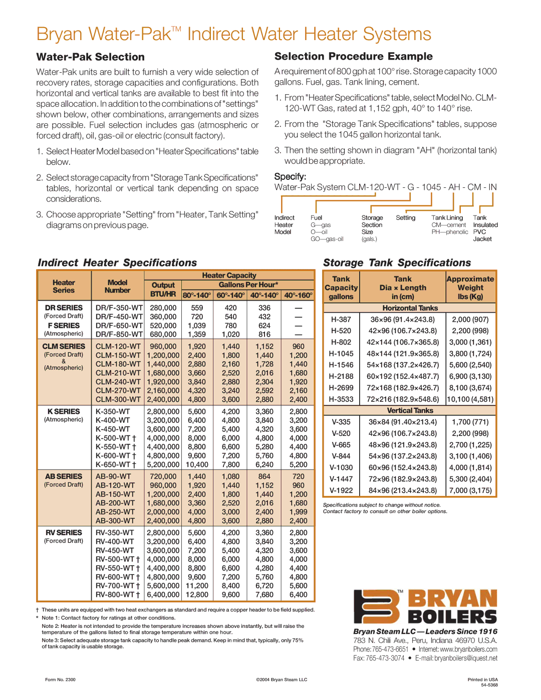 Bryan Boilers CLM-120-WT-FDG-844-AV-CM-IN manual Bryan Water-PakTMIndirect Water Heater Systems, Specify 