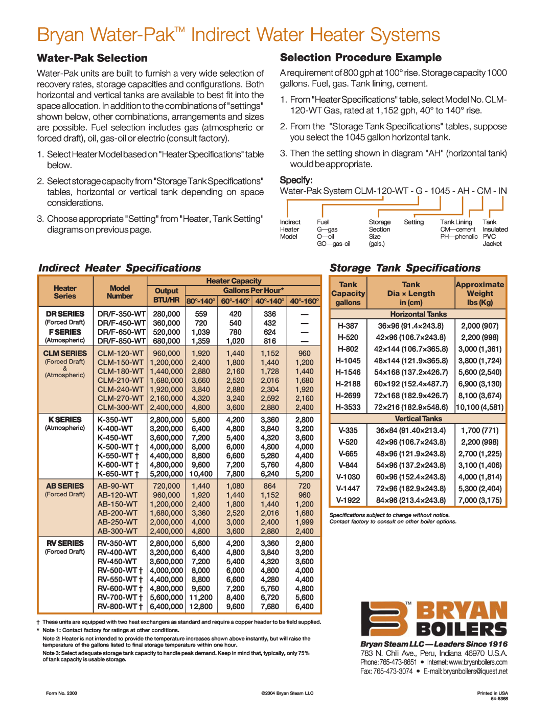 Bryan Boilers CLM-120-WT-FDG-844-AV-CM-IN Indirect Heater Specifications, Storage Tank Specifications, Water-Pak Selection 