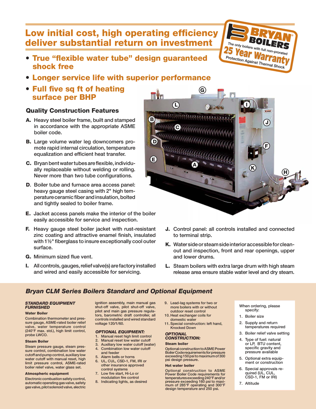 Bryan Boilers CLM-300-W-GI manual Quality Construction Features, Bryan CLM Series Boilers Standard and Optional Equipment 