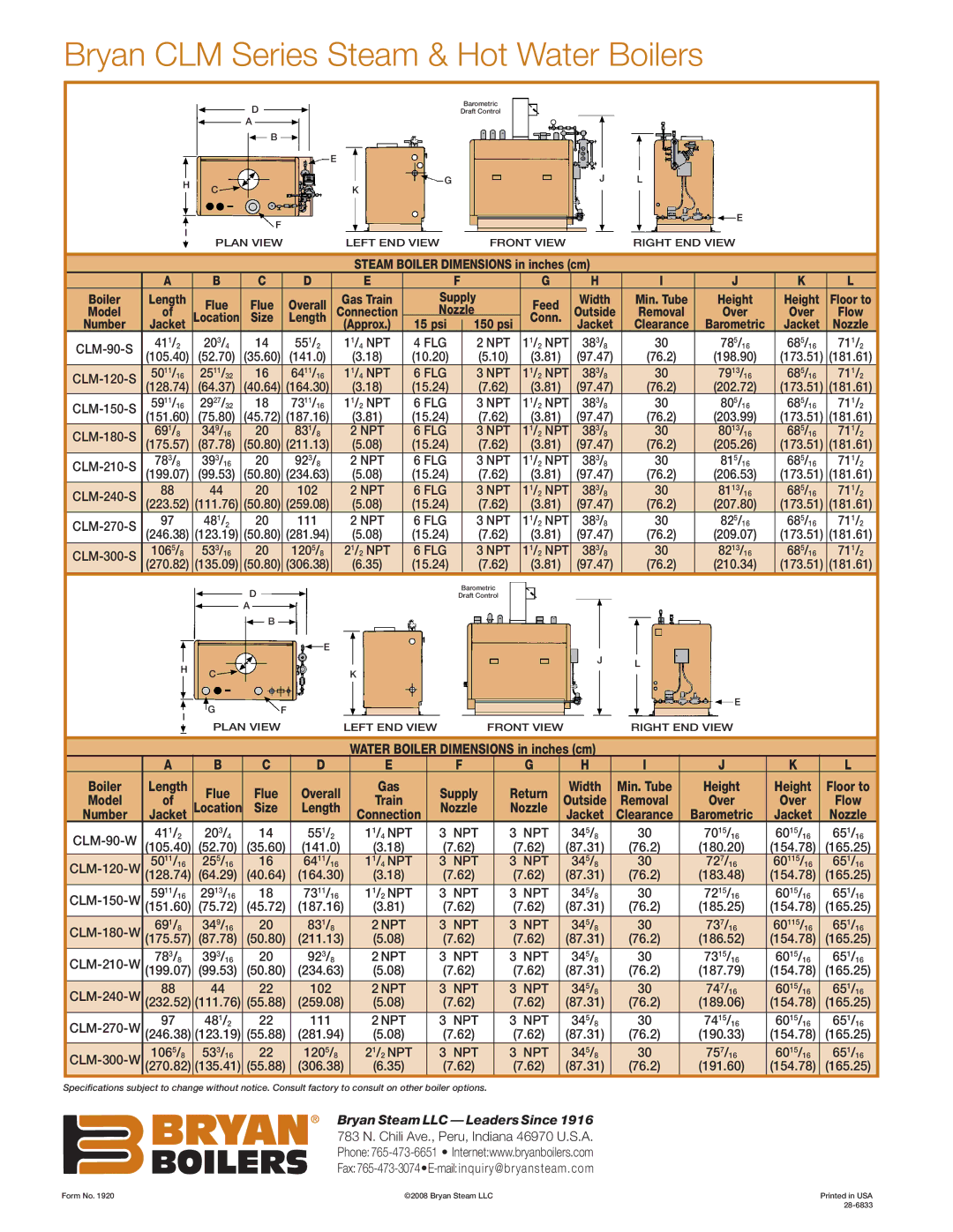 Bryan Boilers CLM-150-S150-GI, CLM-300-W-GI manual Bryan CLM Series Steam & Hot Water Boilers 