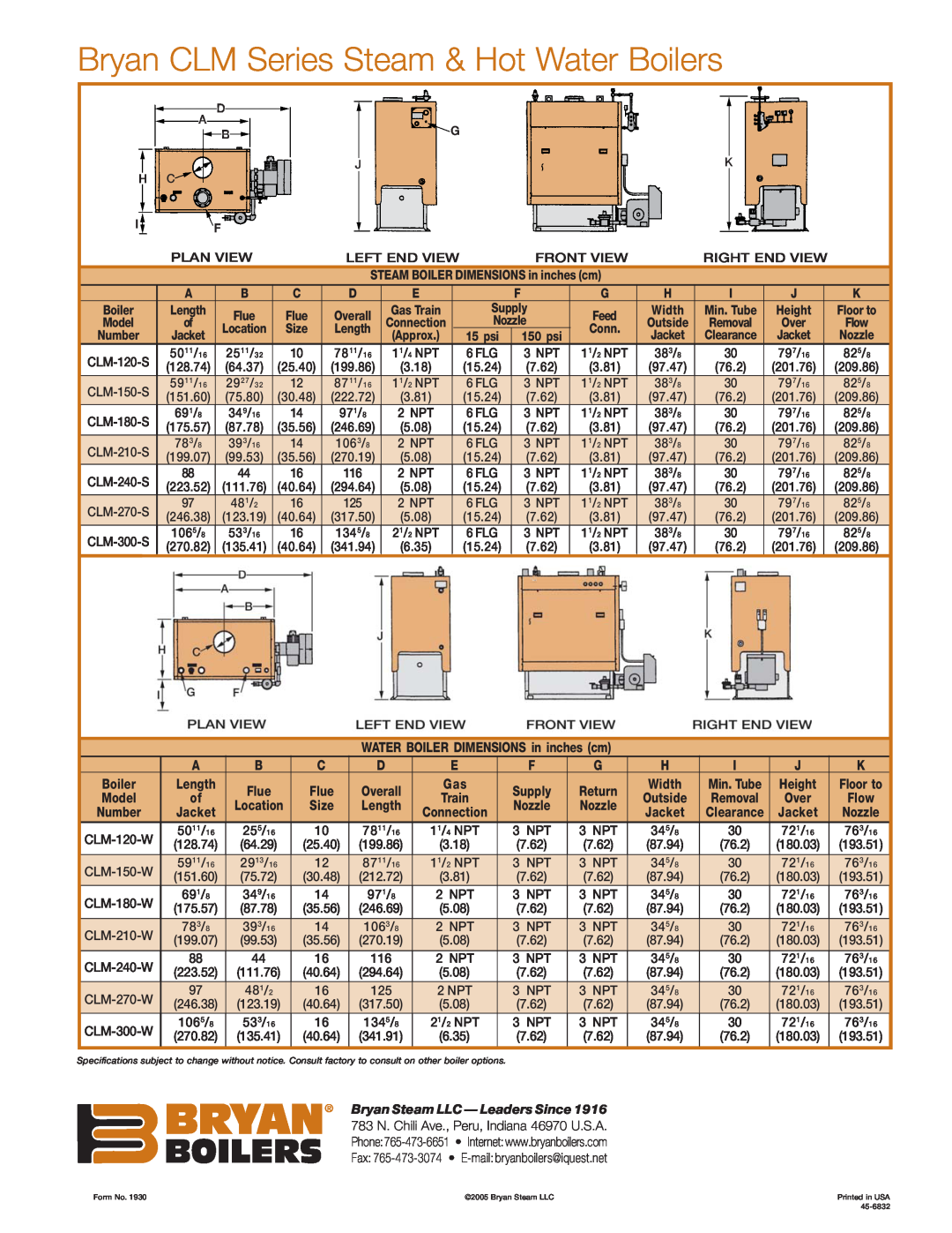 Bryan Boilers manual Bryan CLM Series Steam & Hot Water Boilers, WATER BOILER DIMENSIONS in inches cm, Overall, Length 