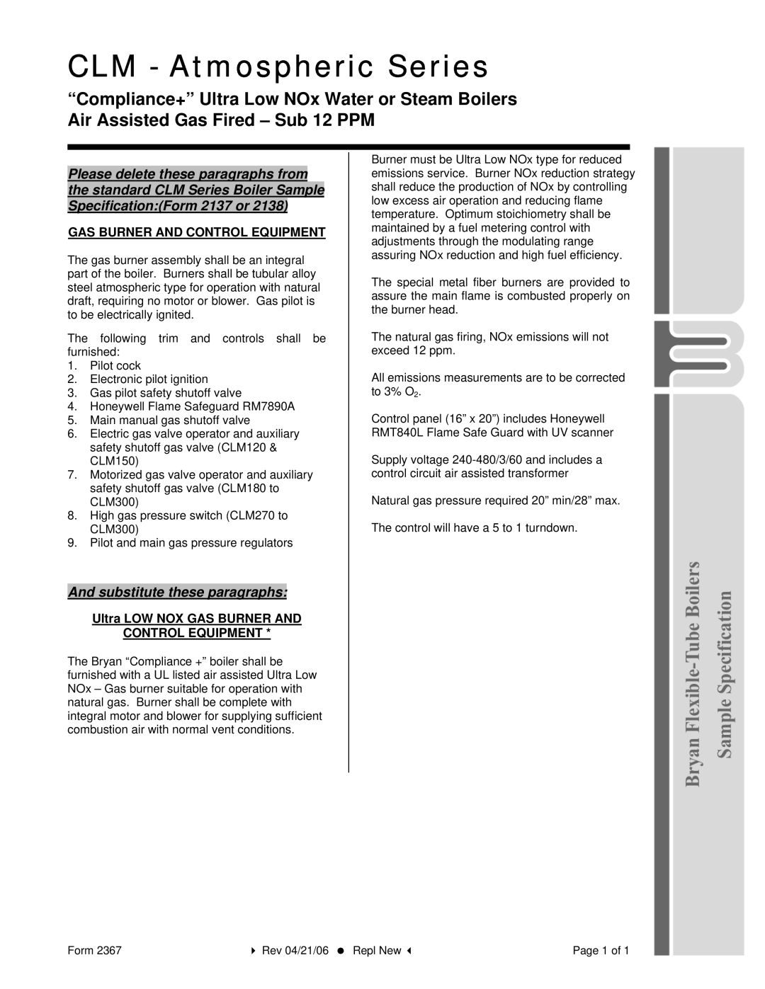 Bryan Boilers manual CLM Atmospheric Series, Substitute these paragraphs, GAS Burner and Control Equipment 