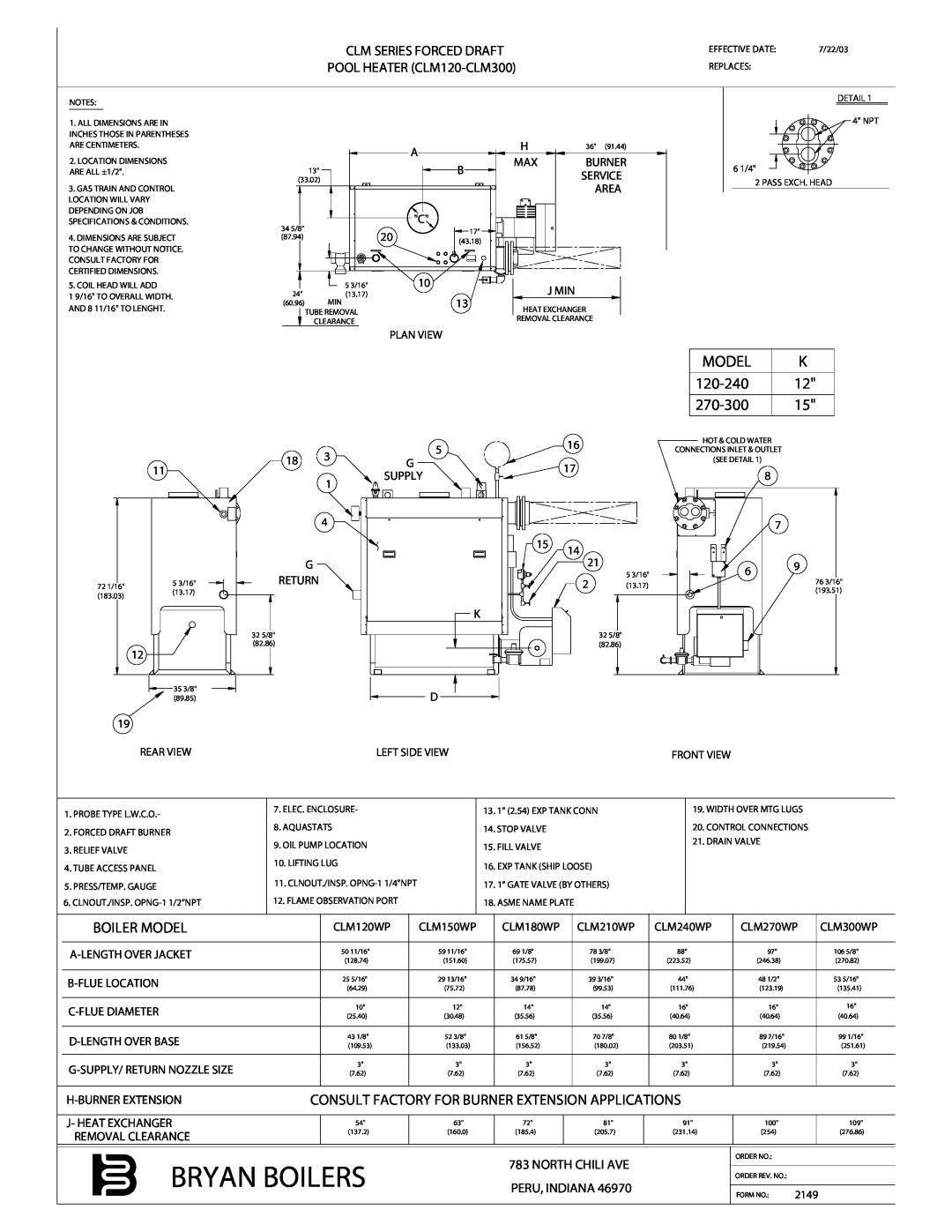 Bryan Boilers CLM300 specifications Bryan Boilers, 120-240, 270-300, Boiler Model, H-Burner Extension 