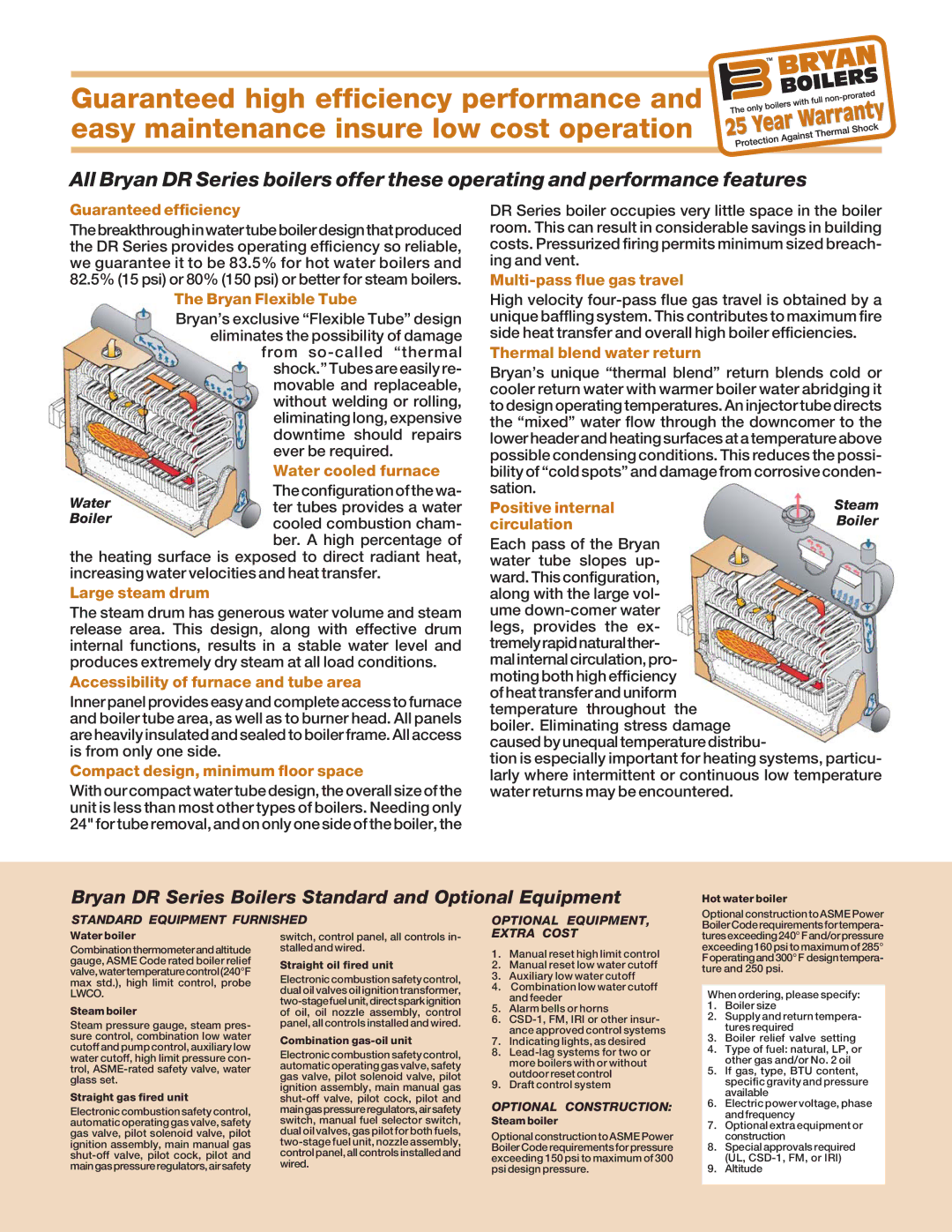 Bryan Boilers DR850-W-FDGO, DR350-S150-FDG manual Bryan DR Series Boilers Standard and Optional Equipment 