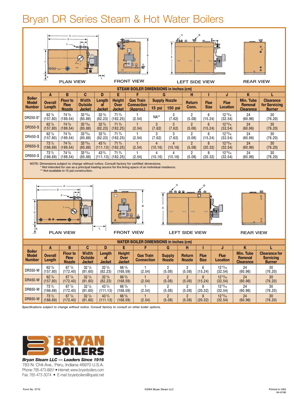 Bryan Boilers DR350-S150-FDG, DR850-W-FDGO manual Steam Boiler Dimensions in inches cm, Supply Nozzle, 150 psi, Flue, Size 