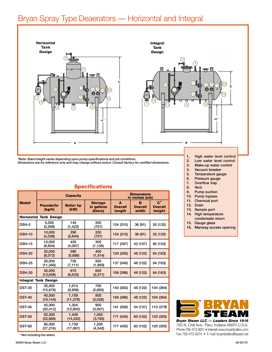 Bryan Boilers DST-40, DST-45, DST-50 Capacity, Model, Boiler hp Storage, Overall, Length, Height, Horizontal Tank Design 