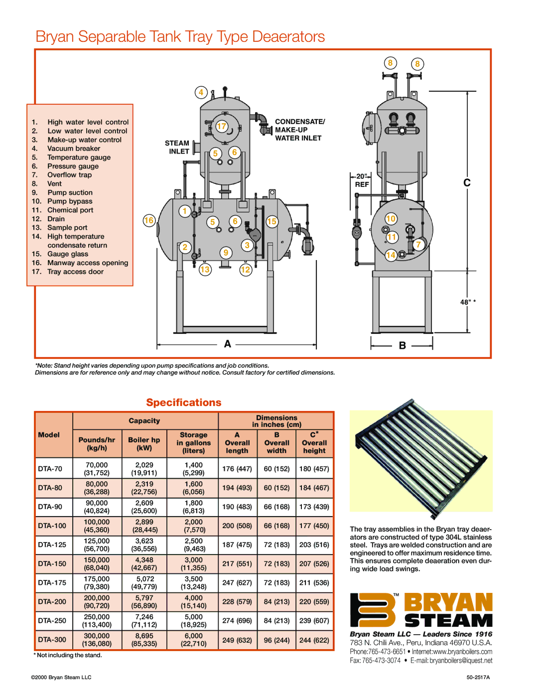 Bryan Boilers DTA-70, DTA-80, DTA-300, DTA-250, DTA-90, DTA-125 manual Bryan Separable Tank Tray Type Deaerators, Specifications 