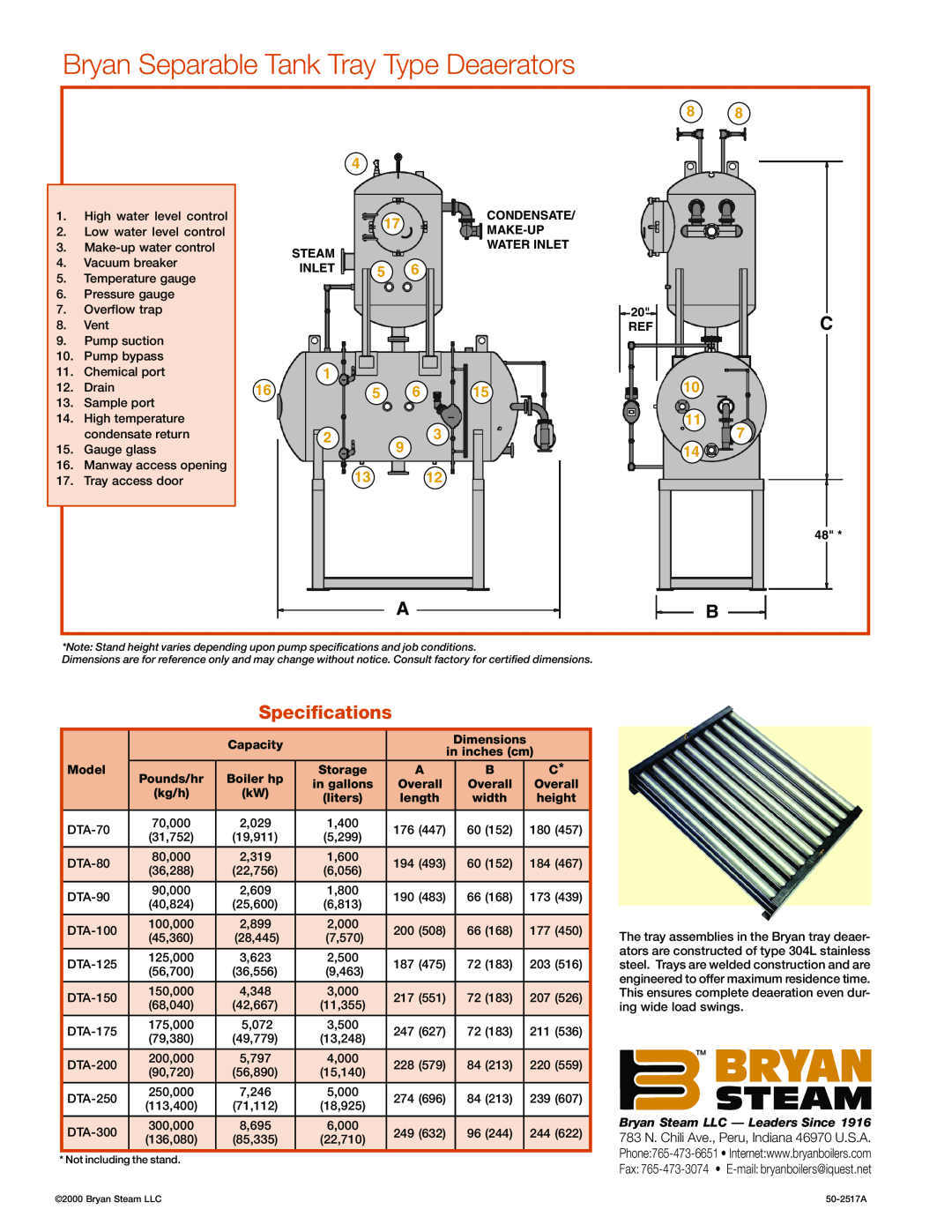 Bryan Boilers DTA-70 manual Bryan Separable Tank Tray Type Deaerators, Specifications, Capacity, Model, Boiler hp, Overall 