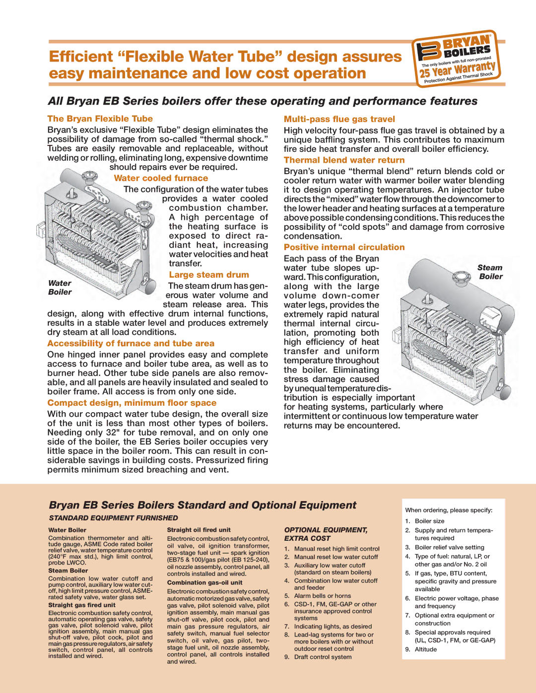 Bryan Boilers EB-75-S150-FDG manual Bryan Flexible Tube, Water cooled furnace, Large steam drum, Multi-pass ﬂue gas travel 