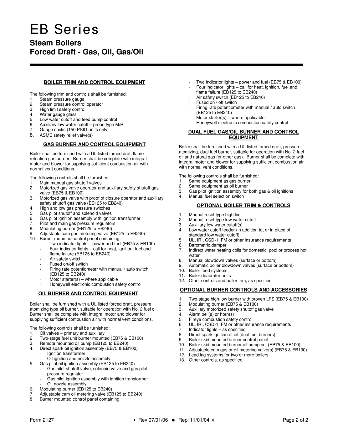 Bryan Boilers EB Series manual Boiler Trim and Control Equipment, GAS Burner and Control Equipment 