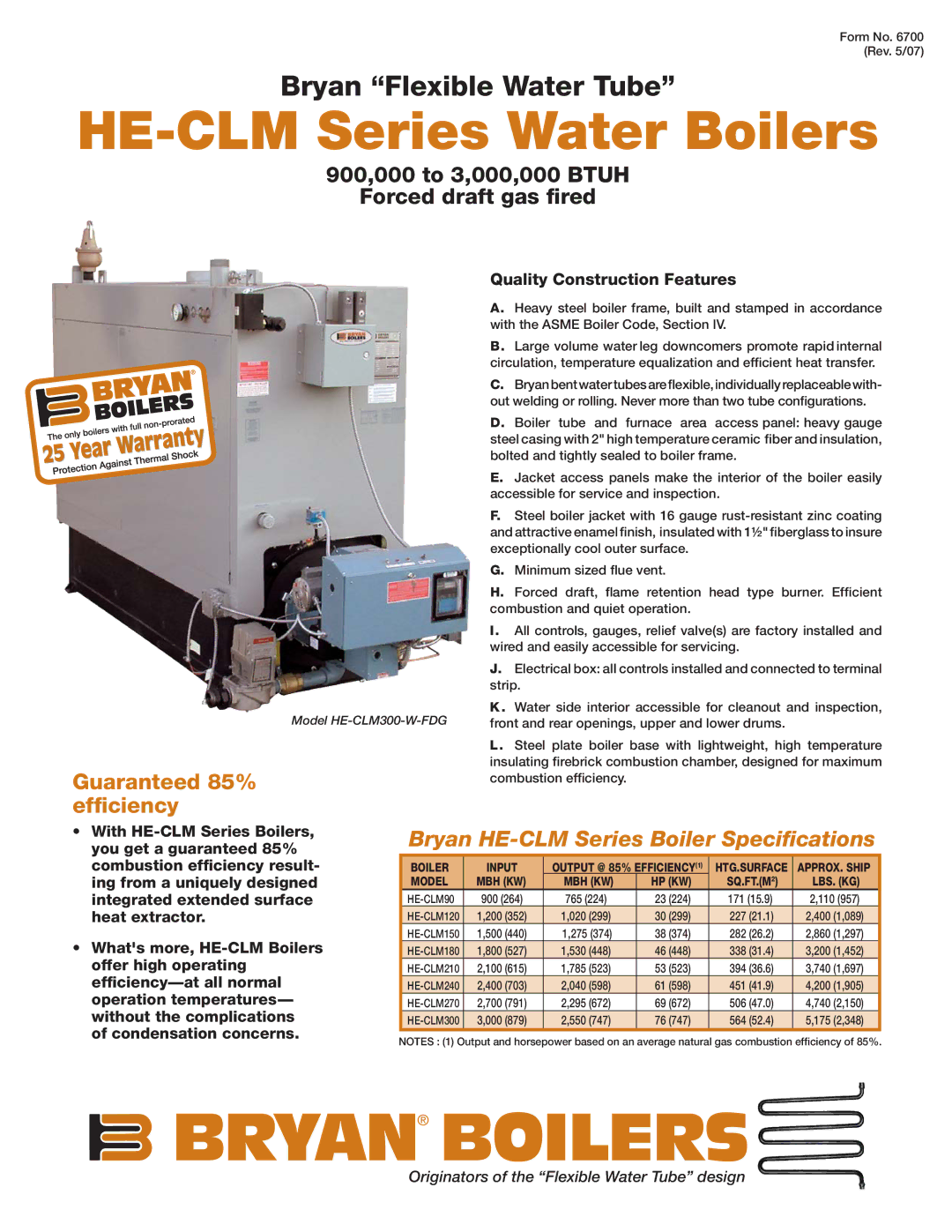 Bryan Boilers HE-CLM300-W-FDG, HE-CLM Series specifications Bryan Boilers 