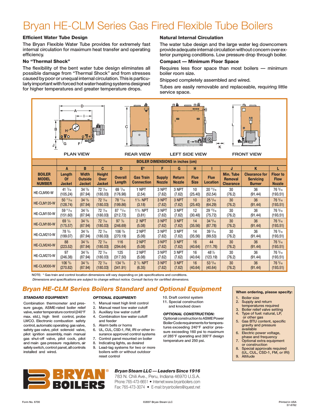 Bryan Boilers HE-CLM Series, HE-CLM300-W-FDG Efﬁcient Water Tube Design, No Thermal Shock, Natural Internal Circulation 