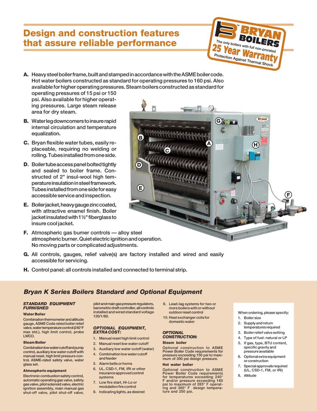 Bryan Boilers K-350-S150-GI, K500-W-GI manual Bryan K Series Boilers Standard and Optional Equipment 