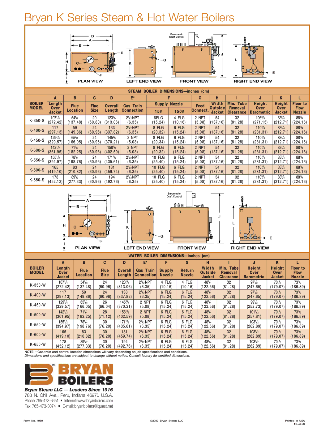 Bryan Boilers K500-W-GI, K-350-S150-GI manual Bryan K Series Steam & Hot Water Boilers 