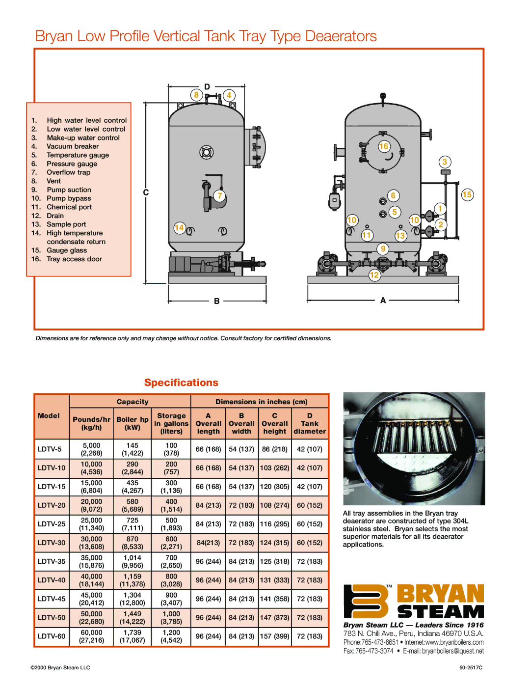 Bryan Boilers LDTV-15 manual Bryan Low Profile Vertical Tank Tray Type Deaerators, Specifications, Length, Height Diameter 