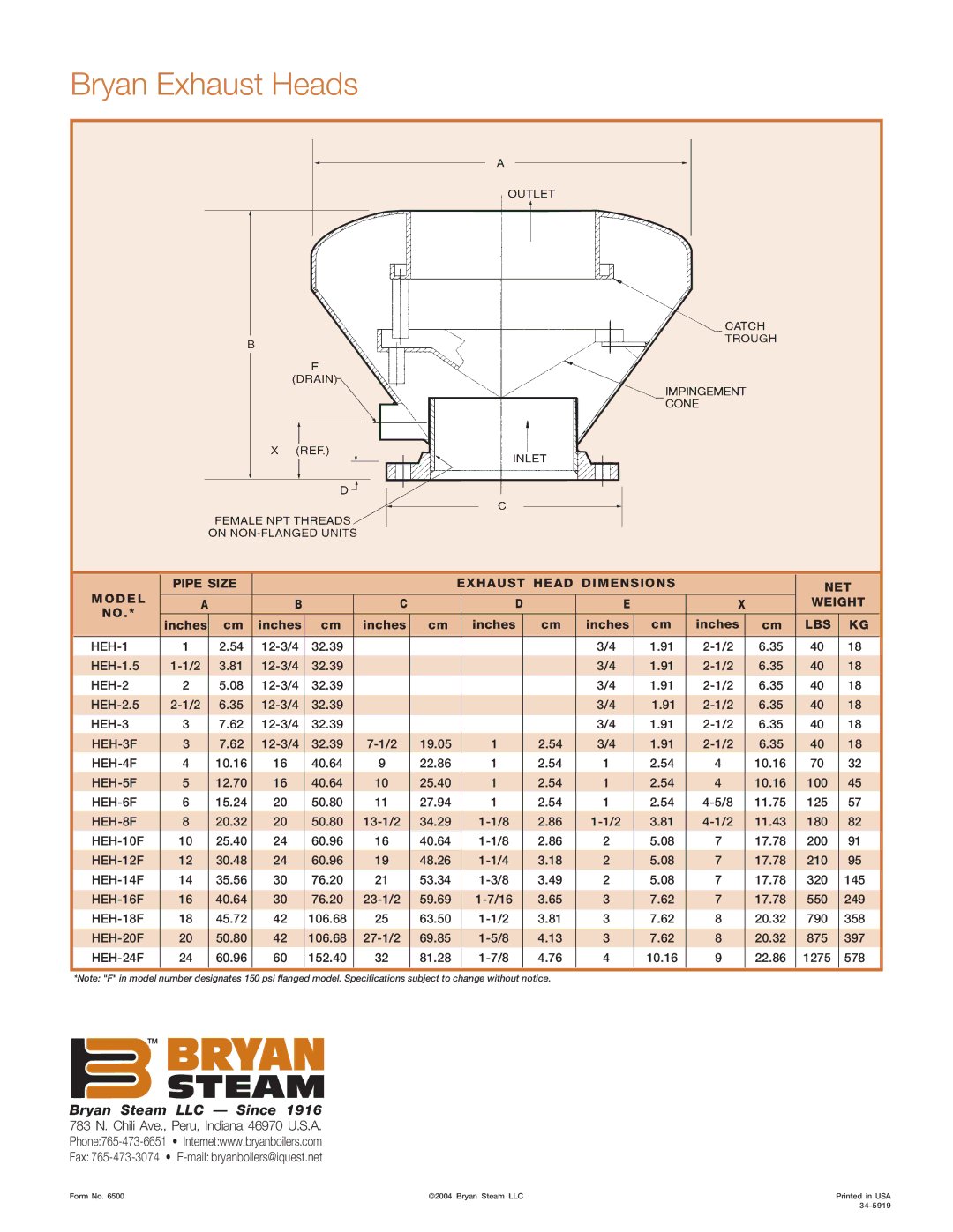 Bryan Boilers None manual Bryan Exhaust Heads, Pipe Size Exhaust Head Dimensions NET Model Weight, Lbs 