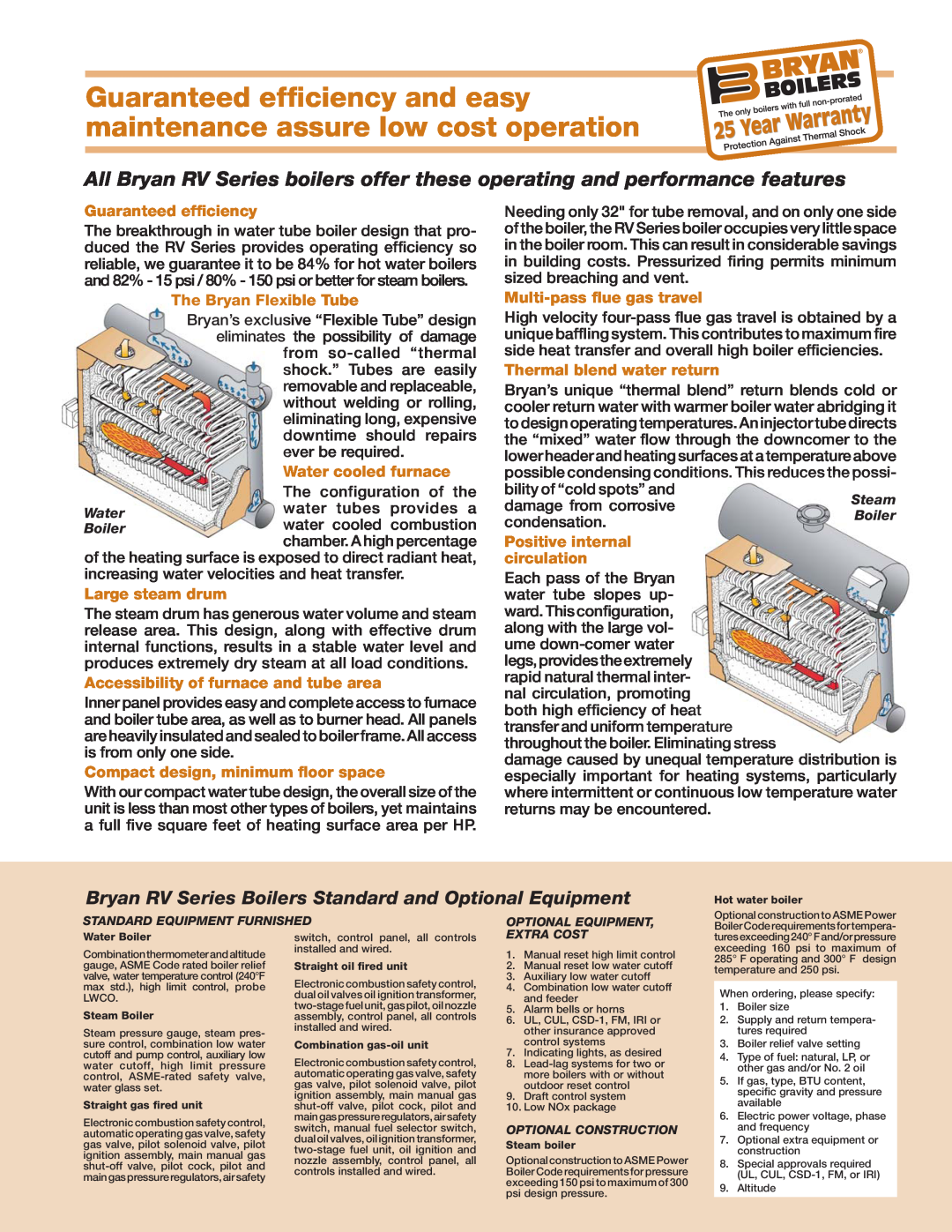 Bryan Boilers RV Series manual Guaranteed efﬁciency and easy maintenance assure low cost operation, The Bryan Flexible Tube 