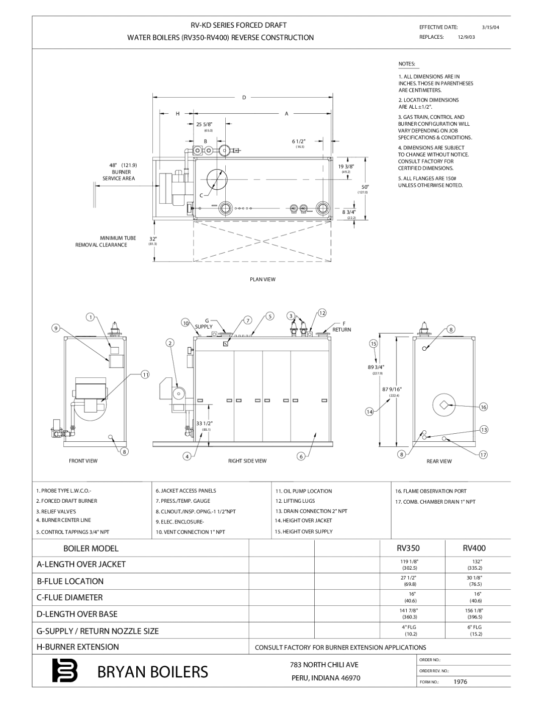 Bryan Boilers RV350, RV400 dimensions Bryan Boilers 