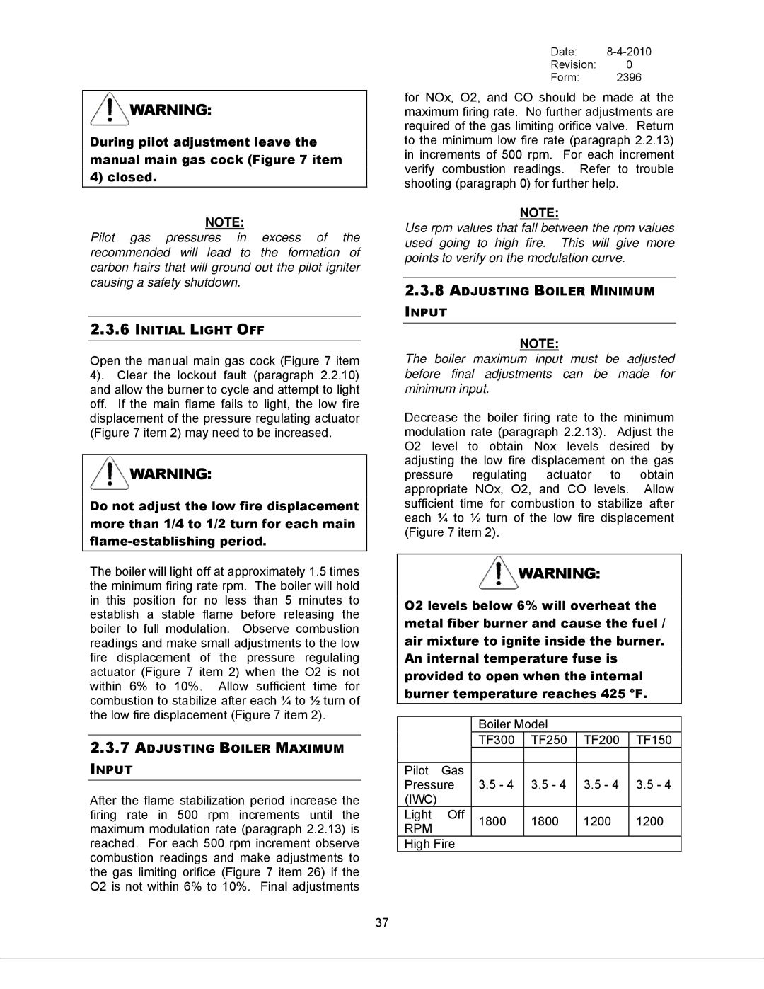 Bryan Boilers 200, Triple-Flex 150 Initial Light OFF, Adjusting Boiler Maximum Input, Adjusting Boiler Minimum Input, Iwc 