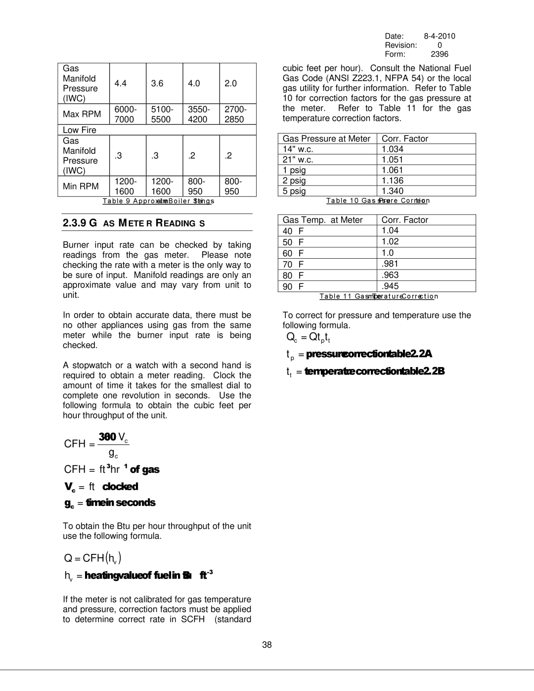 Bryan Boilers Triple-Flex 150, 250, & 300, 200 CFH = 3600Vc gc CFH = ft 3 hr −1 of gas Vc = ft clocked, GAS Meter Readings 