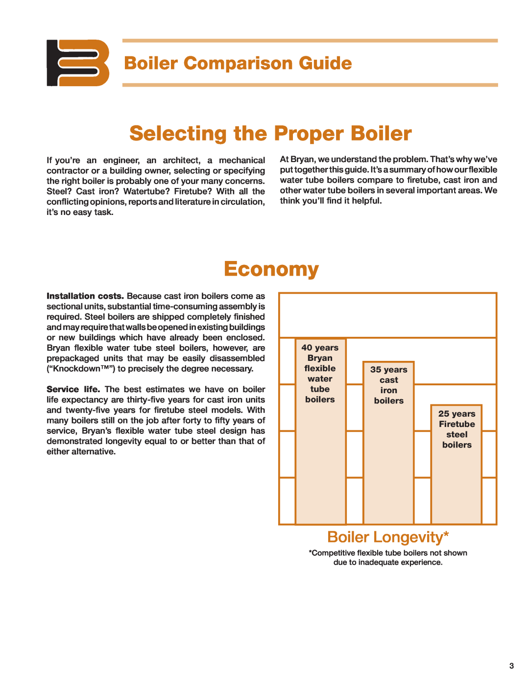 Bryan Boilers Tube Steel Boilers manual Selecting the Proper Boiler, Economy, Boiler Comparison Guide, Boiler Longevity 