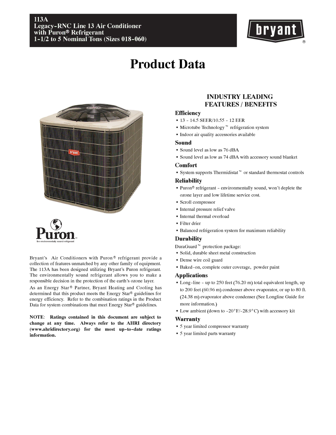 Bryant 113A warranty Product Data, Industry Leading Features / Benefits 