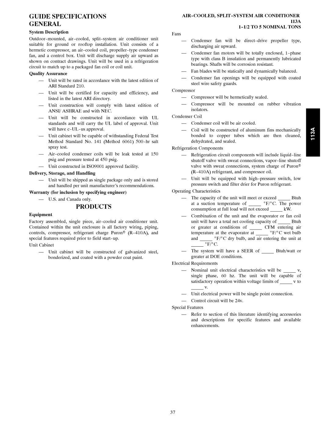 Bryant 113A warranty Guide Specifications General, Products 