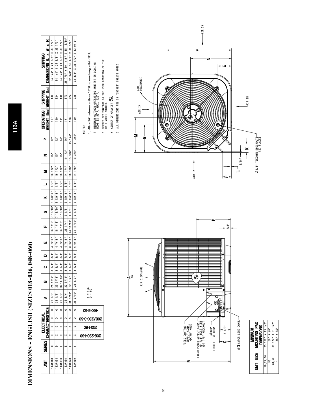 Bryant 113A warranty Dimensions English Sizes 018-036 