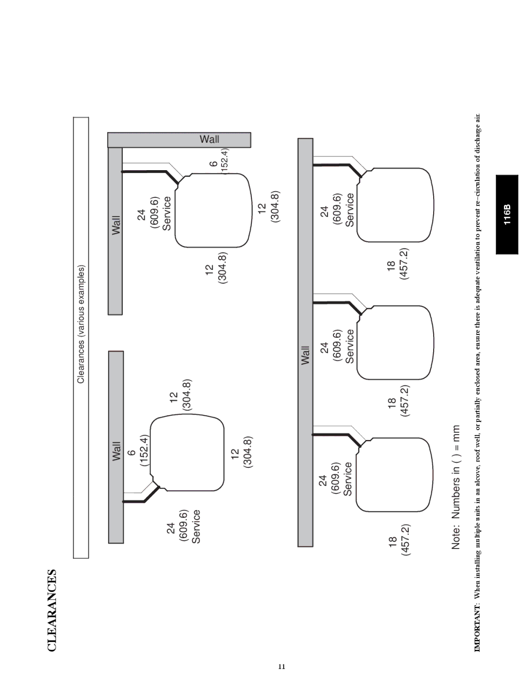 Bryant 116B manual Clearances, Wall 609.6 Service 457.2 
