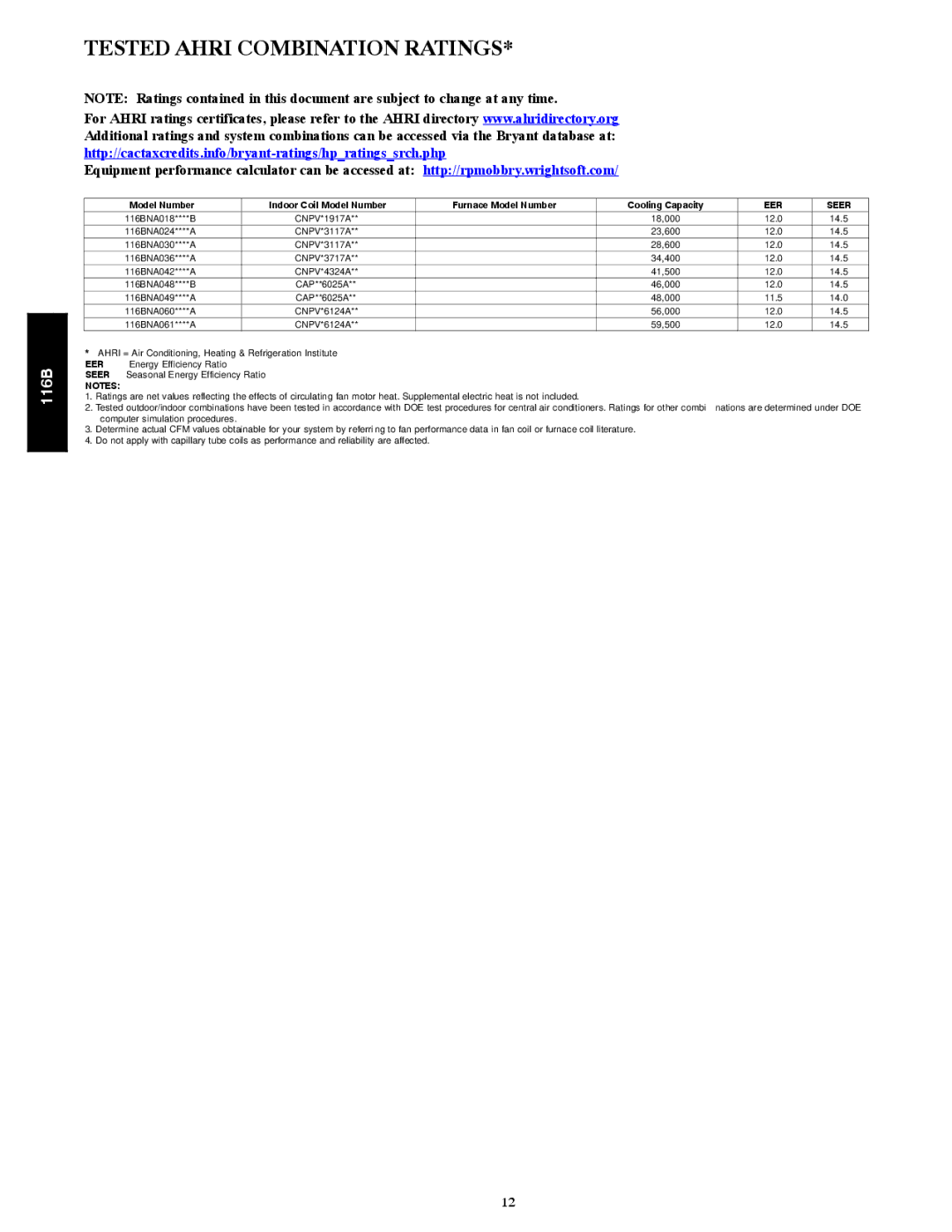 Bryant 116B manual Tested Ahri Combination Ratings, Http//cactaxcredits.info/bryant-ratings/hpratingssrch.php 