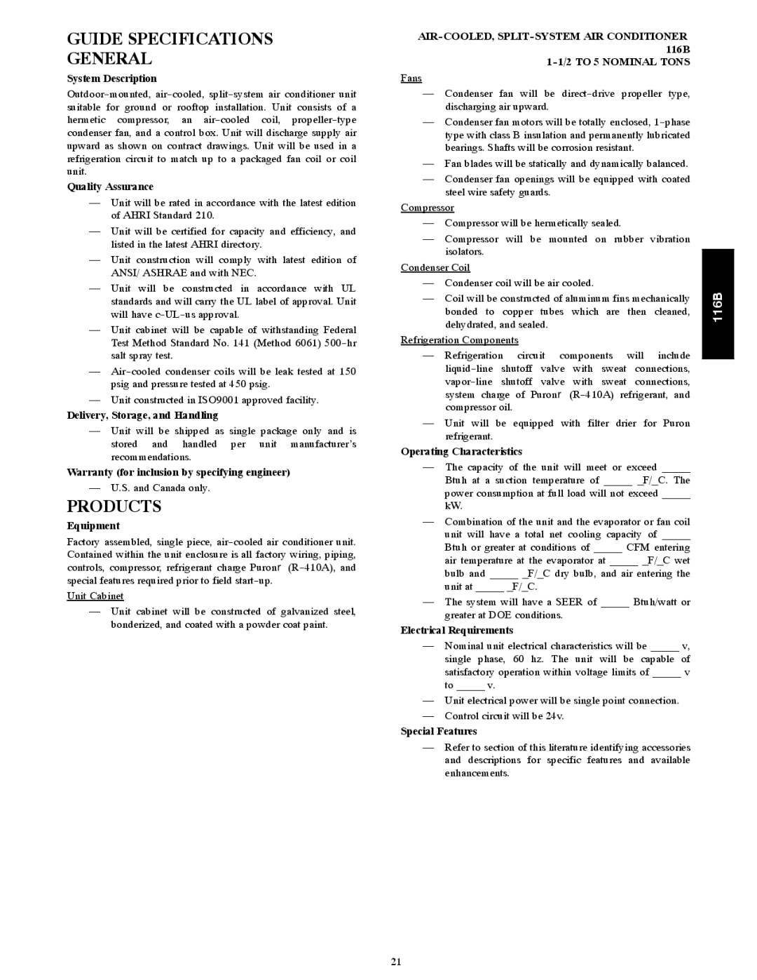 Bryant 116B manual Guide Specifications General, Products 