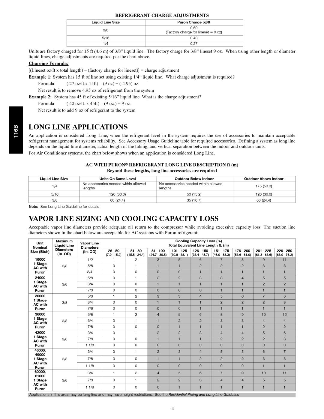 Bryant 116B manual Long Line Applications, Vapor Line Sizing and Cooling Capacity Loss, Charging Formula 