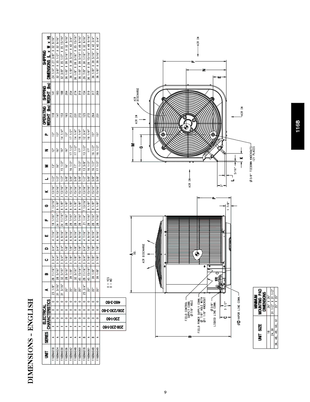 Bryant 116B manual Dimensions English 